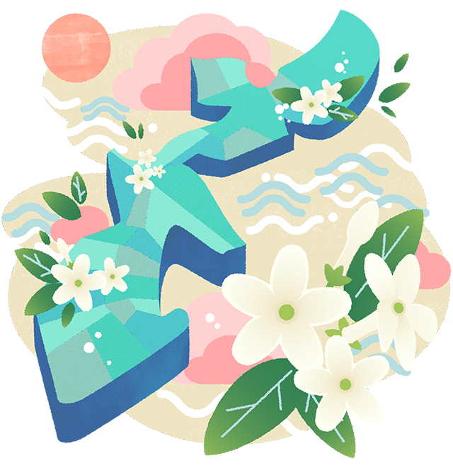沖縄の島々と海、白いジャスミンの花を描いたイラスト